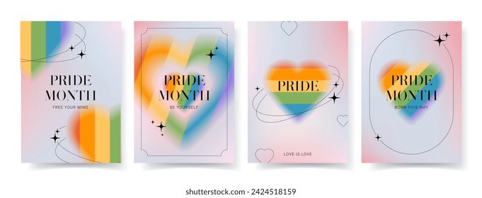 Set of trendy aesthetic posters for Pride Month. Blurry gradient posters of Pride Month with LGBTQ Flag Colours. Human rights and tolerance concept. Trendy minimalist Y2k style vector illustration.