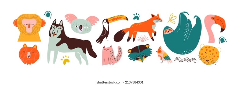 Set of trendy animal doodle and abstract nature icons on isolated background. Colorful wild animals collection. Includes koala, monkey and birds.