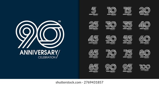 Set of trendy anniversary logotype. Modern geometric anniversary celebration icons design for company profile, leaflet, magazine, brochure poster, web, invitation or greeting card. Vector illustration.