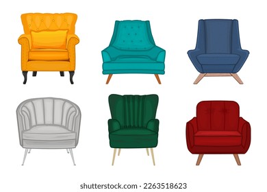 Set of trendy armchairs on white background. Collection of different vintage mid century modern arm chairs. Fashionable cushioned furniture elements. Soft chairs with upholstery. Vector illustration