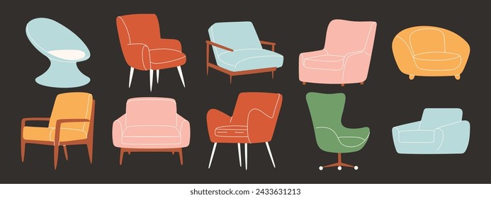 Set of trendy armchairs in scandinavian style. Modern soft furniture for cozy home interior.