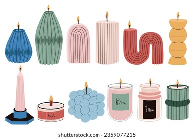 Set Trendy Aroma Candles. Aromatherapy modern decor clipart. Vector illustration hand drawn style.