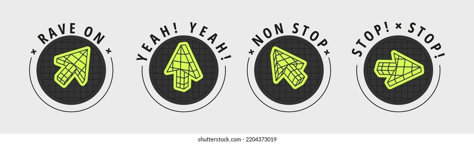 Set of trendy arrows in a brutalism style. Flat vector illustration with 3d wireframe models. Concept psychedelic techno style.