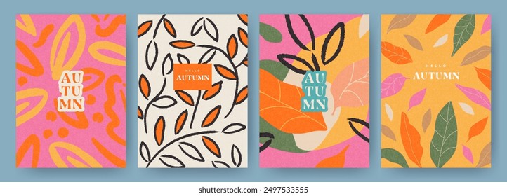 Set of trendy art style abstract autumn poster, cover, card with bright beautiful leaves and plants. Fall background, Sale banner, or flyer design. Template for advertising, web, social media, print