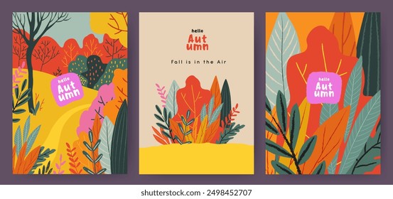 Set of trendy art style abstract autumn poster, cover, card with bright beautiful leaves, plants, autumn forest landscape. Fall background, Template for advertising, sales, web and social media, print