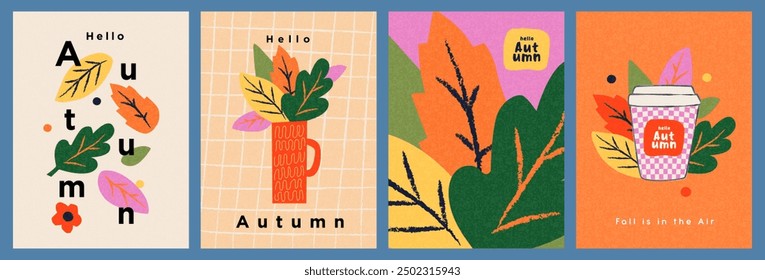 Set of trendy art style abstract autumn greeting card, poster, cover, with bright beautiful leaves. Fall print collection, Sale banner, or flyer design. Template for advertising, web, social media. 