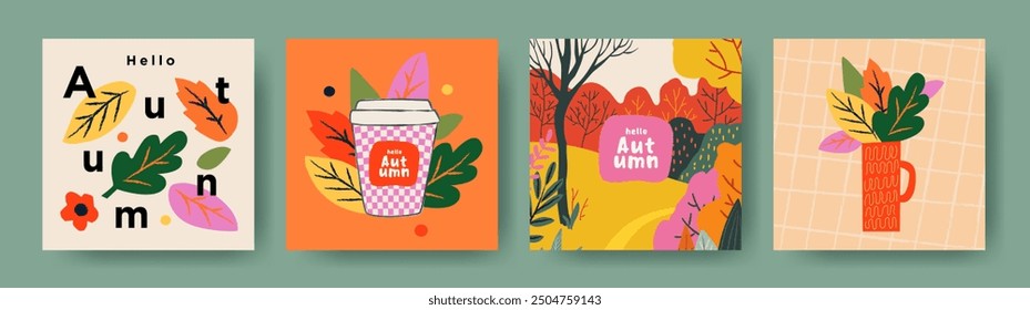 Set of trendy art style abstract autumn greeting card, poster, cover, with bright leaves and autumn forest. Fall print, web banner, flyer design. Template for ads, social media and season decoration