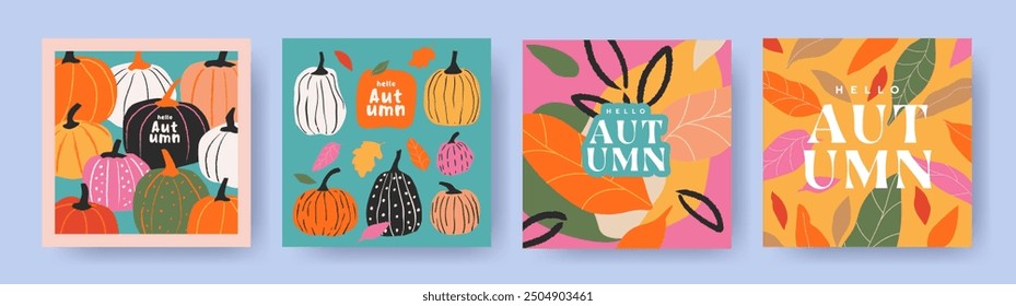 Set of trendy art style abstract autumn greeting card, poster, cover, with bright beautiful leaves and  pumpkins. Fall print, web banner, flyer design. Template for ads, social media and season decor