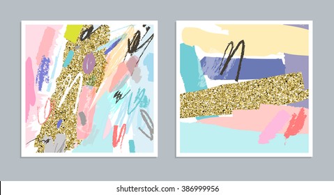 Set of trendy artistic invitations with gold glitter texture. Wedding, marriage, bridal, birthday, Valentine's day, party. Isolated. Vector