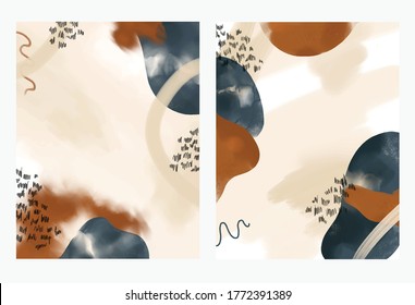 Set of trendy artsy watercolor backgrounds. Navy blue and rusty orange tones. Resizable vector art of painterly watercolour backgrounds for social media, advertisements, party invitations, and more.