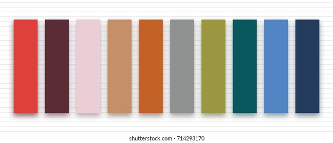 Set of trendy autumn fall colors for fashion industry. Vector color palette on striped background. Inspirational swatches for seasonal backgrounds, projects.