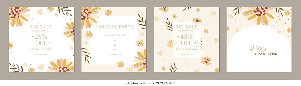 set of trendy autumn floral artistic square template. Suitable for social media posts, cards, invitations, banner and web ads
