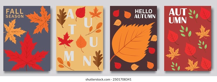 Set de moda de otoño carteles o cubiertas de estilo de arte de otoño carteles o cubiertas con hojas brillantes y Elementos de temporada para las celebraciones de otoño, publicidad, Web. Fondo de otoño