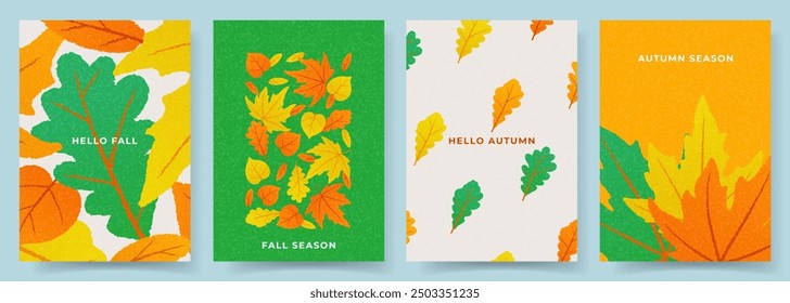 Set of trendy autumn posters. Vector illustration with colorful posters with autumn leaves. Bright autumn flyers for decoration seasonal discount offer, advertising, banner, web, social media.