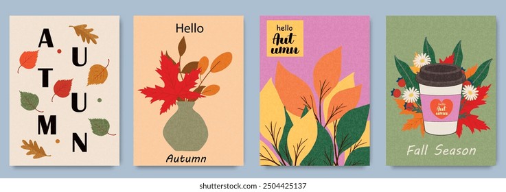 Set of trendy autumn season greeting card, poster, cover with abstract leaf designs, vibrant colors. Fall illustrations template for advertising, web, social media. 