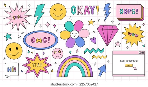 Set of trendy badges or stickers in the style of the 90s. Bright patches with smiling faces, lightnings, diamonds, stars and speech bubbles with the text Yeah, Oops, Cool, Wow. Nostalgia for the 1990s