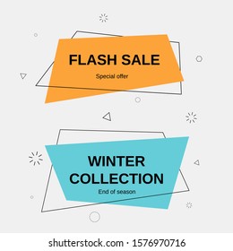 Set of trendy banner with flat colour and shape. Design label element with geometric shape for discount sale.Vivid background template with title text for banner, label. Winter sale.