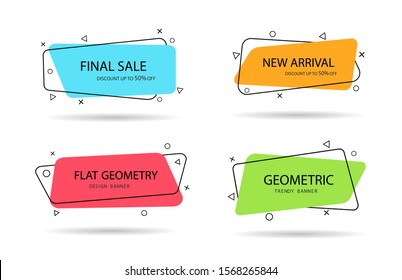 Set of trendy banner with flat shape. Design label with geometric shape for discount sale. Vivid background template with title text for label, app. Memphis banner with title text, line. vector eps10