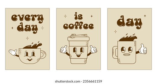 Pancartas de moda con graciosos personajes y bebidas con eslogan. Café en vidrio y taza sobre fondo beige. Etiquetado de mascotas para bar, cafetería y restaurante. Ilustración vectorial de corte.