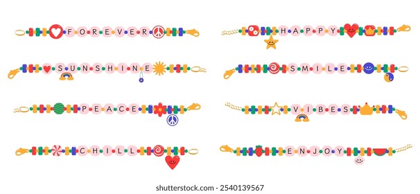 Conjunto de pulseiras com contas na moda com palavras positivas e símbolos, espalhando boas vibrações e promovendo a paz e a felicidade