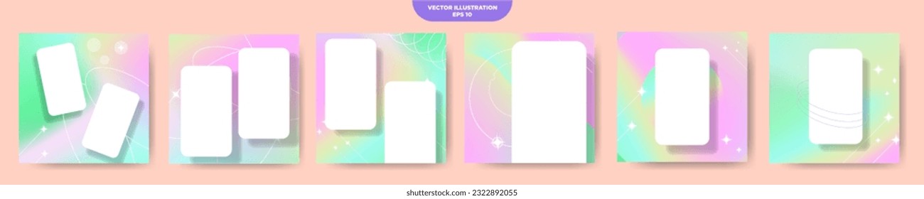 Set of Trendy beautiful holographic social media templates with phone screen 3d mockups and modern geometric design elements. Small geometric shapes, circles, stars, diamonds, rings, spots. Vector.