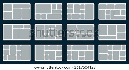 Set of Trendy bento grid layout style brick Ui UX templates. Grey on dark. Web comic grids, rounded corners. Different panel layouts with brutal shapes tiles of different sizes Vector illustration