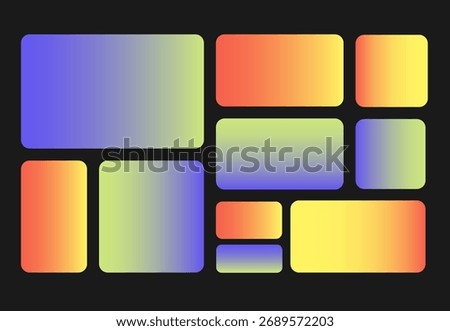 Set of Trendy bento grid layout style brick Ui UX templates. Colorful on dark. Web comic grids, rounded corners. Different panel layouts with brutal shapes tiles of different sizes Vector illustration