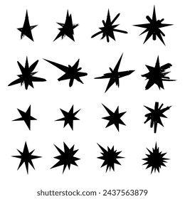 Set of trendy black crosses and stars. Hand drawn geometric doodles, starburst doodles, modern retro grunge punk sticker design. Flat vector illustration