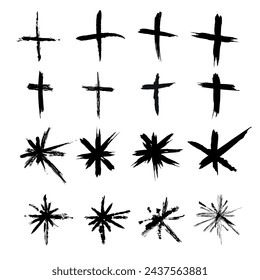 Set of trendy black crosses and stars. Hand drawn geometric doodles, starburst doodles, modern retro grunge punk sticker design. Flat vector illustration