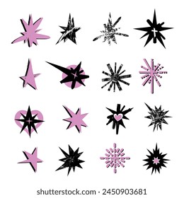 Set of trendy black and pink stars. Star formation doodle, hand drawn. Modern sticker design in retro grunge punk style. Flat vector illustration