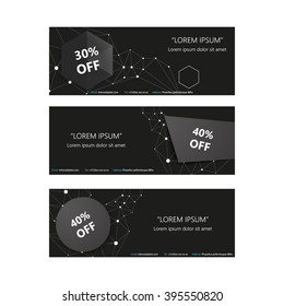 Set of trendy black vector banners template or website headers with abstract geometric background. 