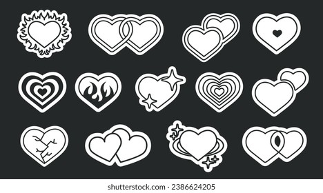 Set of trendy black and white hearts in retro Y2k style. Cool funky cartoon stickers pack. Different elements hearts, stars and fire . Vector illustration of 70s groovy elements.