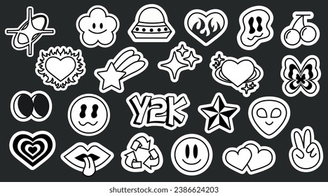 Set of trendy black and white retro Y2k stickers. Cool funky cartoon stickers pack. Geometric shapes and elements. Vector illustration of 70s groovy elements.