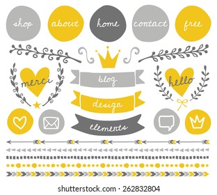 A set of trendy blog design elements in gold yellow, light gray and dark gray. Round buttons, laurel wreaths, cute icons, arrows, frames, decorative borders and text dividers.