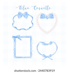 set of Trendy Blue Coquette frame with ribbon bow Watercolor hand painting soft pastel