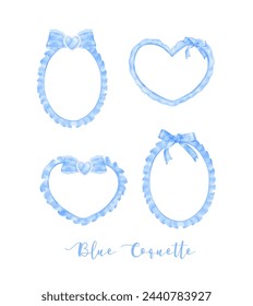 set of Trendy Blue Coquette frame with ribbon bow Watercolor hand painting soft pastel