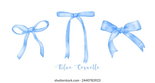 set of Trendy Blue Coquette ribbon bow Watercolor hand painting soft pastel