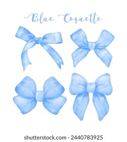 set of Trendy Blue Coquette ribbon bow Watercolor hand painting soft pastel.