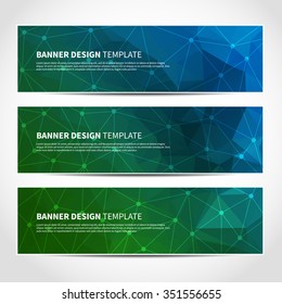 Set of trendy blue and green vector banners template or website headers with abstract geometric triangular background. Vector design illustration EPS10