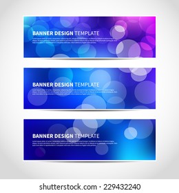 Set of trendy blue and purple vector banners template or website headers with abstract geometric bokeh background. Vector design illustration EPS10