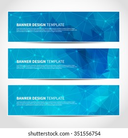 Set of trendy blue vector banners template or website headers with abstract geometric triangular background. Vector design illustration EPS10