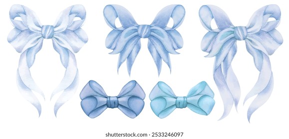 Conjunto de lazo de cinta de coqueta azul, violeta de moda. Ilustración dibujada a mano de acuarela aislada, fondo blanco. Colores pastel suaves. Invitación de la Boda, decoración del partido, tarjeta de felicitación. Símbolo de nudo