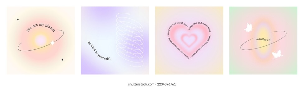Set trendy blur gradient illustration and positive happy quote   motivational love text  Vintage y2k pastel color banner collection for social media post  Minimalist blurred abstract poster 
