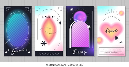 Set of trendy blur gradient posters for social media, ig stories templates. Vintage y2k pastel color covers with blurred geometric shapes. Vector flyers of aura aesthetic elements with defocus effect.