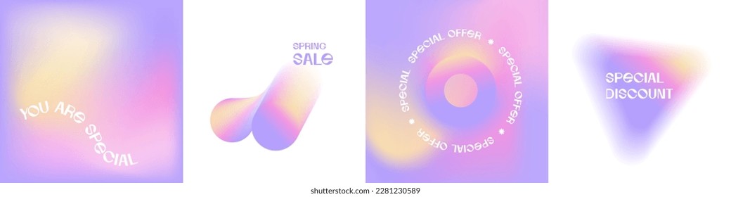 Un conjunto de ofertas de medios sociales de desenfoque moderno cubre la plantilla. Colección de banners de colores pastel y2k antiguos para el descuento especial de primavera. Afiche de promoción de tienda abstracto minimalista borroso.