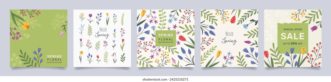 Set of trendy botanical floral backgrounds. Minimalist design with spring flowers, leaves and branches. Vector template for greeting card, banner, poster, invitation, social media post, seasonal sale.