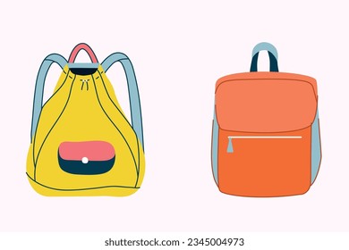 A set of trendy bright backpacks. Trendy and modern style. Package and bag for stationery. School bookVector stock illustration. Groovy. isolated. 