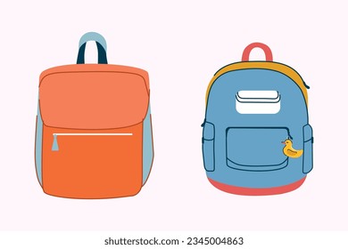 A set of trendy bright backpacks. Package and bag for stationery. Groovy.Vector stock illustration. Trendy style. Colorful and modern design