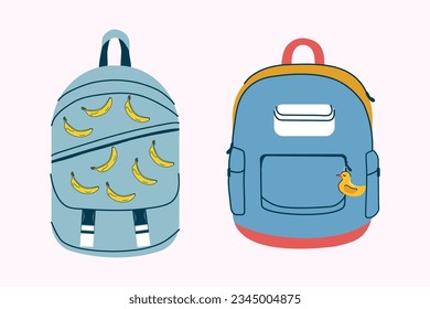 A set of trendy bright backpacks. Package and bag for stationery. Vector stock illustration. Trendy and modern style