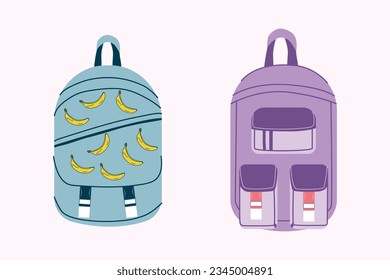 Un conjunto de mochilas brillantes y de moda. Paquete y bolsa para papel. Ilustración de material vectorial. Groovy. Estilo moderno. Diseño para personas